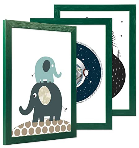 PHOTOLINI Bilderrahmen Kinderzimmer A4 21x30 cm Dunkelgrün, 3er Set Wechselrahmen farbig, Holz, Acrylglas, Made in Germany, zum Aufhängen, mit Zubehör - für bunte Kinderbilder