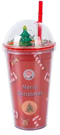 Christmas Water Tumbler Snowman Christmas Tree 3D Pattern Design Glitter Double Walled Cup with Straw and Lid, Reusable BPA Free Drinking Tumbler Cup for Xmas Party Girls Boys Gifts 450ml A