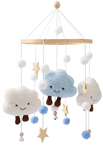 Promise Babe Mobile Baby Windspiele mit Filzbällen Wolken Sterne Mobile Babyzimmer Holz Gehäkelt Mobile Baby Jungen Mädchen Bettglocke Anhänger zum Aufhängen Babybett Kinderbett Wickeltisch Deko Blau