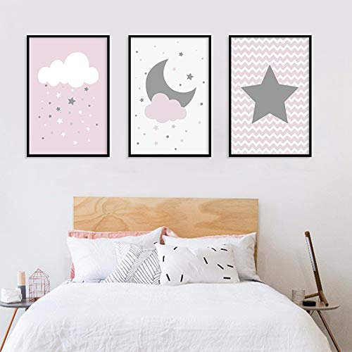 CAYBES Kinderdrucke-3 Stück Nordic Cartoon Babyzimmer Mond Sterne Wolken Rosa Mädchen Malerei Zimmer Dekorative Kinder Wandmalerei Leinwand Kunst-50 * 70cm (Kein Rahmen)