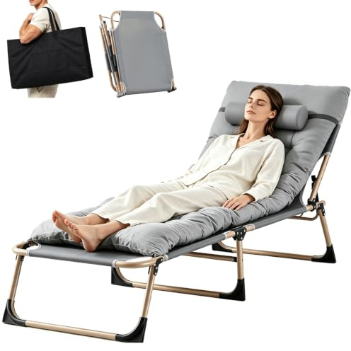 BSTSEL Heavy Duty Garden Sun Lounger with Bag Mattress 22mm Steel Frame Support Adjustable Folding Guest Bed with Cushion Sun Bed for Home Office Beach Garden Patio Pool (Grey)