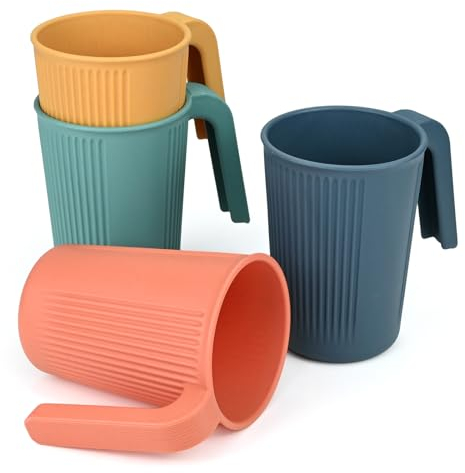 4Pcs Plastic Cups with Handles, 350ml Unbreakable Reusable Drinking Cups for Adults Kids Lightweight Picnic Cups, Tea, Milk, Juice,Coffee Cups, Heat and Cold Resistant, Dishwasher and Microwave Safety