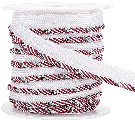 BENECREAT 9,1 m gedrehte Lippenkordel, 0,95 cm, dunkelrot und weiß, Polyester-Kordel mit diagonalen Streifen für Kleidung, Kissen, Lampen