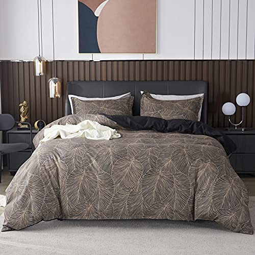 Jemiipee Blumen Bettwäsche-Set mit Tropische Palmblätter Muster, 1 x Bettbezug 200x220 cm mit 2 x Kissenbezüge 80x80 cm und Reißverschluss, Weiche 100% Mikrofaser Bettwäsche Modern, Dunkelbraun