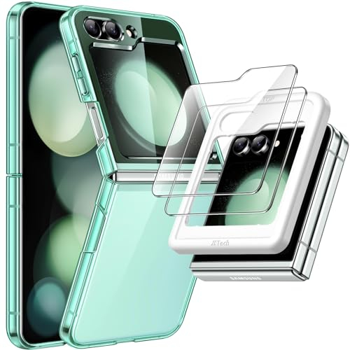 JETech 3 en 1 Funda para Samsung Galaxy Z Flip 5 con 2 Protector Pantalla Frontal Cristal Vidrio Templado, Carcasa Protectora Transparente Cristal Caparazón PC Dura (Verde)