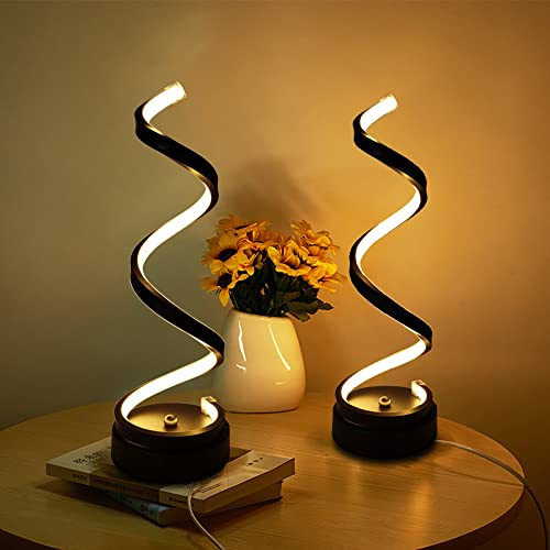ELINKUME 2 Stück Dimmbare LED Spiral Nachttischlampe Tischleuchte Warmweiß,12W Schwarz Tischlampe mit Metallsockel Für Innen Schlafzimmer,Wohnzimmer,Arbeit,Bars,Restaurants