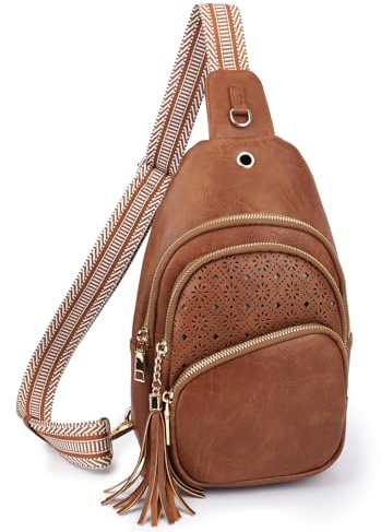 Yigerlee Sling Bag für Damen, PU-Leder, Umhängetasche, Brusttasche für Reisen, Radfahren, Wandern, Braun