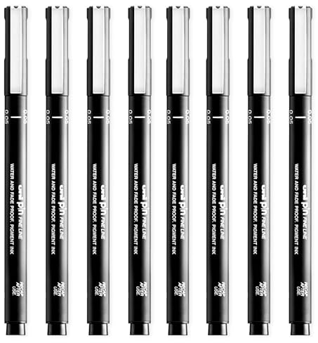 Uni Pin Fineliner Zeichenstifte, schwarze Tinte, 0,05 mm Spitze, 8 Stück