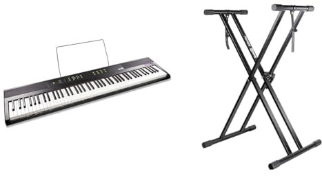 RockJam 88 Key Digital Piano with Full Size Semi-Weighted Keys, Power Supply, Sheet Music Stand & XX-363 Xfinity Doublebraced Pre Assembled Keyboard Stand with Locking Straps & Lessons