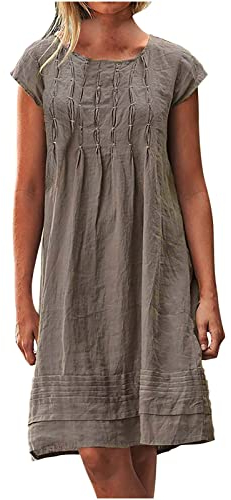 Blusenkleid Damen Sommer Leinen Minikleid Knielang A Linie Kleid Rundhals Kurzarm Sommerkleid Leicht Vintage Leinenkleider Mode Einfarbig Strandkleider Hohe Taille Plissiert Kleider