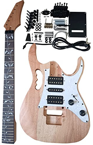 HENGYEEDIY E-Gitarren-Kits im IBZ-Stil – Korpus und Hals aus Mahagoni – Griffbrett aus Palisander und alle Komponenten enthalten (7 V)
