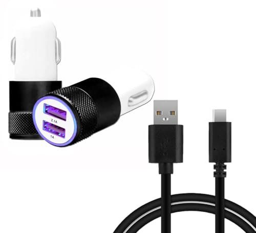 Cargador de coche Super Pack + 1 cable compatible con Cubot Kingkong Star 2 5G cargador automático ultra potente y rápido 2 x USB 5 V/2,1 A + 1 A y 1 cable USB-C de 1 metro, transferencia de datos,