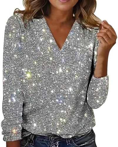 Pailletten Oberteil Damen, Festliche Tops Damen Lässig Outfit Sparkle Langarmshirts V-Ausschnitt mit Glitzer Langarm Shirts Vacation Herbst Winter mit Pailletten Oberteile Damen