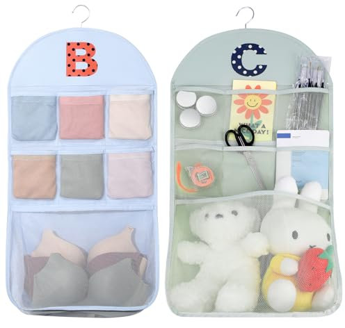 Hängeorganizer 2er Set, Schrank-Organizer, Macaron Hängeorganizer - Transparentes Netzdesign, 7 große Taschen für effiziente Aufbewahrung, platzsparend, ideal für Zuhause und Reisen – Blau-Pink