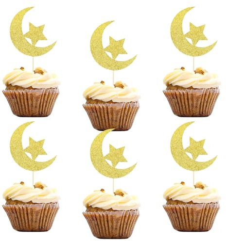 Eid Mubarak Ramadan Deko Cupcake Toppers,24 Stück Glitzer Stern und Mond Eid Mubarak Tortendeko Ramadan Cupcake Topper Eid Mubarak Kuchendeko Muffin Deko für Muslim Ramadan Eid Mubarak Dekoration