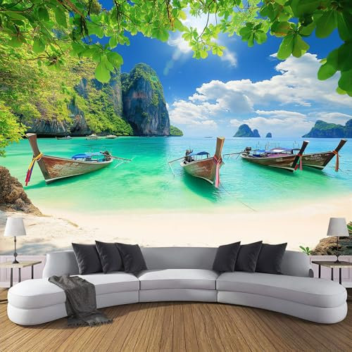 MIATCENRT Beach Boat Wallpaper Wall Mural, 3D Effect Textured Sky Views Photo Wallpaper, 250x175cm (WxH) Silk Cloth Moderne Wall Art Roll Wallpapers Wall Covering, for Living Room Bedroom