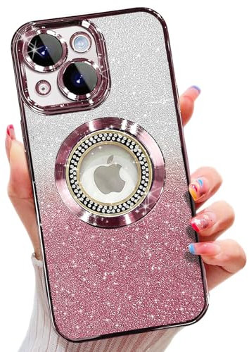 für iPhone 15 Hülle, kompatibel mit MagSafe, mit Kameraschutz, Glitzer Silikon Handyhülle Kompatibel mit iPhone 15 Stoßfest Kratzfest, Niedliche Phone Case für Frauen und Mädchen Rosa