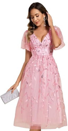 Ever-Pretty Robe Femme de Soirée Mi-Longue Paillettes Col V Manches Courtes Cocktail Mariage Rose 46