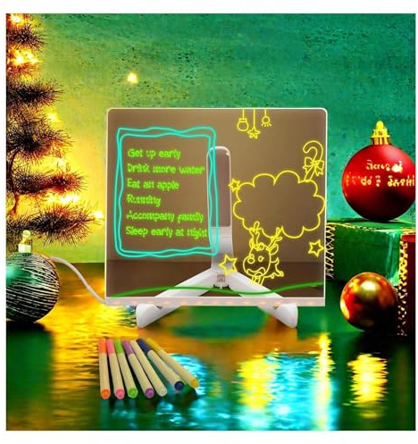 Hazomeu Tablette LED Acrylique avec 7 Stylos Néons et Support Réglable Tablette Dessin Lumineuse Essuyable Tableau Lumineux Message LED,15x15cm
