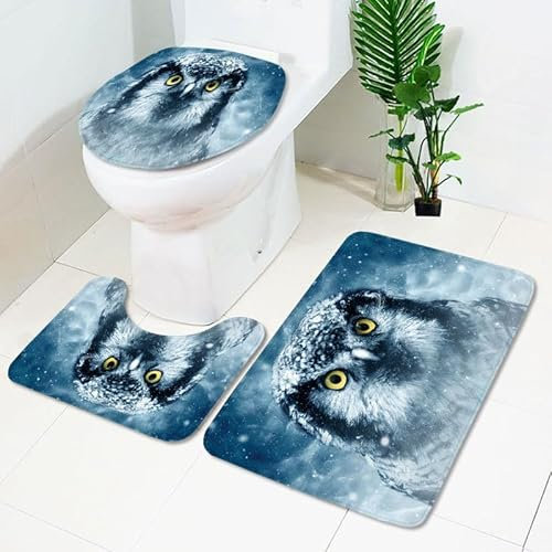 Bad Teppiche Set Dunkelblaue Eule Badezimmerteppich Waschbar WC Vorleger mit Ausschnitt und WC Deckelbezug 3 Teilig Badematte rutschfest Toilettensitzbezug Badgarnitur 50x80 cm