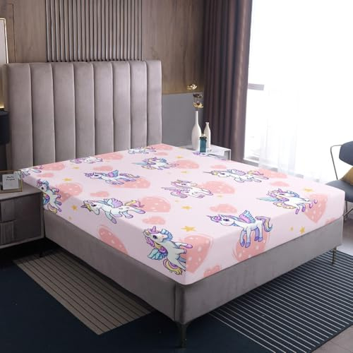 Homewish Cartoon Einhorn Spannbettlaken 90x200cm für Mädchen Jungen Kinder Teenager,Regenbogen Einhorn Bettlaken Herzmotiv Pentagramm Tiere Süße Spannbetttuch Mädchenzimmer Dekorativ Mikrofaser