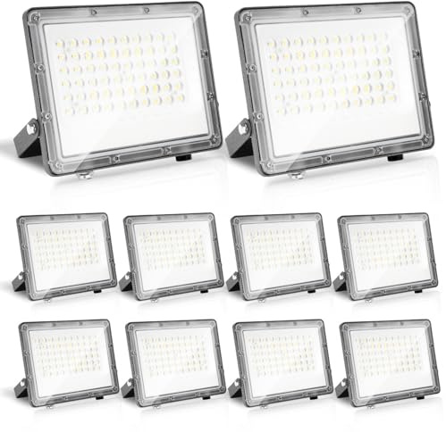 Eikuavons LED Strahler 10x50W, Scheinwerfer Superhell 4950LM LED Fluter, 6000K Kaltweiß Außenstrahler IP65 Wasserfest für Garten, Garage, Innenhöfe (kein Stecker)