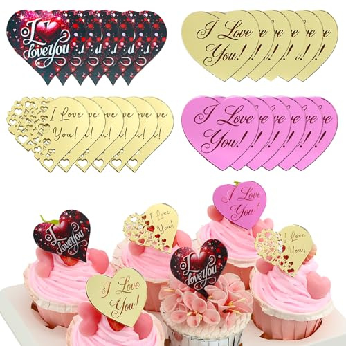 24 Pieces I Love You Heart Shaped Cupcake Toppers, UV print Gold Mirror Acrylic, 1.96 x 1.77 Inch, for Valentine's Day Birthday Mother's Day and Party Decoration