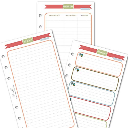 SinnWunder® 50 Blatt Notiz-Set – mit Notiz-Blättern, Adressen, und Passwortlisten für Ringbücher mit 6 Ringen im Format Personal