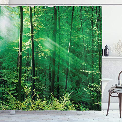 ABAKUHAUS Bauernhaus Duschvorhang, Wald Bäume Morgen, Stoffliches Gewebe Badezimmerdekorationsset mit Haken, 175 x 240 cm, Grün Weiß