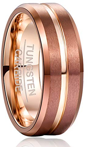 NUNCAD Men's Rings 8mm Rose Gold Tungsten Carbide Wedding Band Brown Ring with Groove and Beveled Edges T