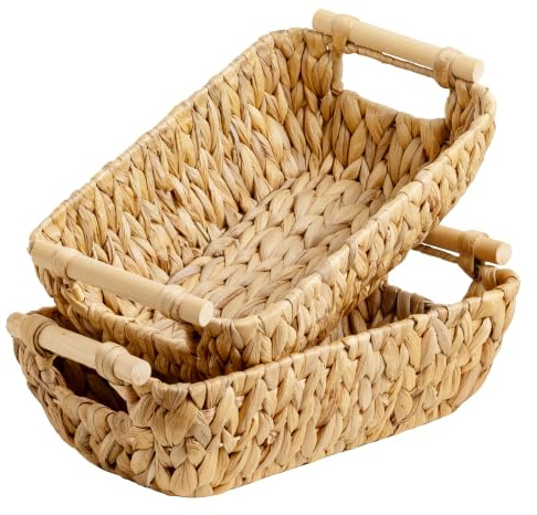 StorageWorks Small Wicker Baskets, Narrow Storage Baskets for Shelves, Shelf Wicker Storage Boxes for Bathroom Organising, Water Hyacinth Storage Baskets with Wooden Handles, 2-Pack