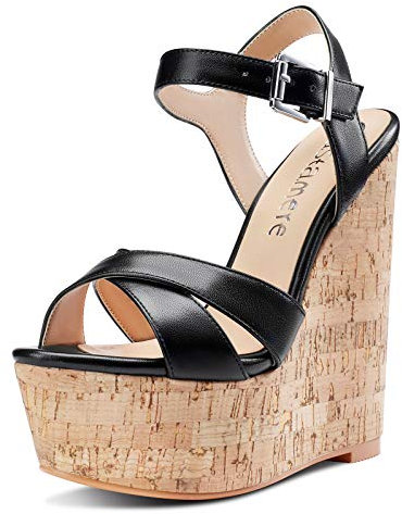 Castamere Scarpe col Tacco Donna Moda Sandali con Zeppa Plateau Wedge High Heels Nero Pu Scarpe EU 43