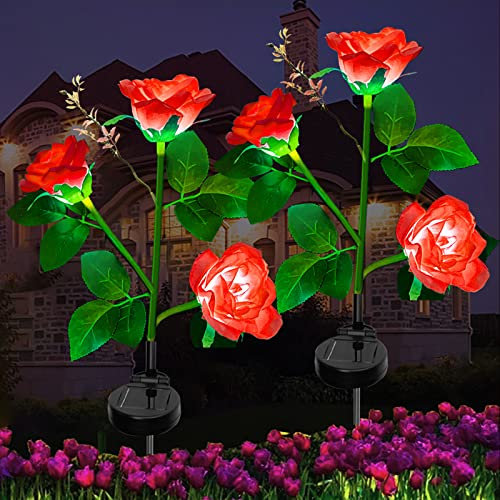 Ovker Solarlampen für Außen Garten, 2pcs 6 LED Solar Rose Blume Lichter, Solarleuchten Garten Wasserdicht Dekoration und breitere Solar-Panel für Außen Rasen Terrasse Büsche Weihnachts(Rot)