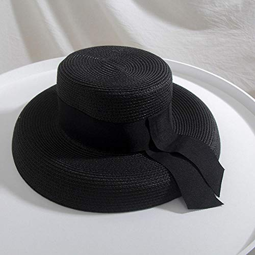 Chapeau Paille Femme Seioum Summer Beach Chapeau De Paille Femmes Chapeau De Plaisancier avec Ruban Cravate pour Vacances Vacances Audrey Hepburn Chapeau De Soleil-Noir