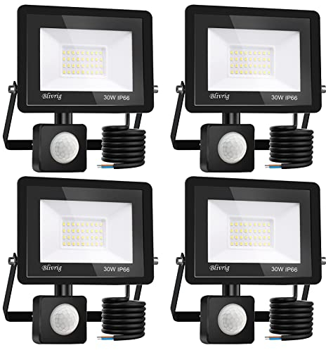 Blivrig LED Strahler mit Bewegungsmelder Außen 30W Warmweiss, Fluter mit Bewegungssensor, Superhell 3000LM Aussenstrahler, IP66 Wasserdicht Scheinwerfer, für Garten, Garage (4pcs-Warmweiß, 30W)