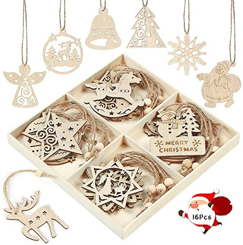 Holz Weihnachtsdeko Anhänger 16 Stück, Weihnachten Holzanhänger, Christbaumschmuck aus Holz, Weihnachtsbaum Deko Holz, Anhänger Ornamenten für Weihnachten Geschenke DIY Dekoration