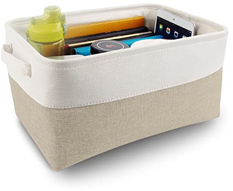 Mangata aufbewahrungsbox Stoff, aufbewahrungsbox grau, Korb aufbewahrung Stoff mit Griffen für Schrank, Spielzeug, kleiderschrank, Regale, Kleidung (faltbar, Mittel, Helles Khaki Weiß)