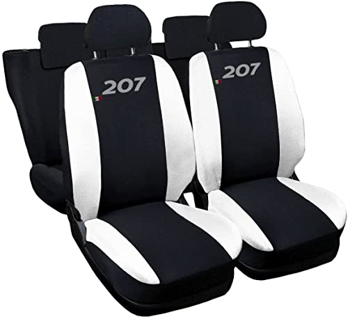 Rebeca Shop® Autositzbezüge kompatibel 207 | Made in Italy | Set Vorder- und Rücksitzbezüge | gesticktes Logo | Airbag kompatibel | Innen (schwarz/weiß)