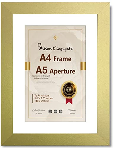 Alison Kingsgate Gold A4 Frame With A5 Mount Picture Frame - Clear Perspex Sheet & Wall Mounted Hooks for Portrait or Landscape