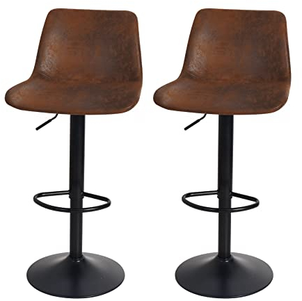 Kitchen Bar Stool Chair Set: 2 Leather Brown Bars Stools Breakfast Chairs Adjustable Height Lift Seat Swivel Tall Barstools Home Pub Counter Island Furniture