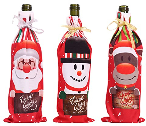 JAWSEU Weihnachten Weinflasche Abdeckung, 3 Stück Wein Geschenkbeutel, Rotwein Taschen, Weihnachtsmann Rotwein Flaschenbeutel Geschenk Taschen für Home Dinner Party Dekoration Tischdekoration