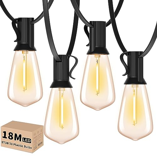 Yuucio Catena Luminosa Esterno LED, 18M Luci da Esterno Giardino, ST38 30+1 Plastica Lampadine, Impermeabile Lucine da Esterno Catene Luminose Esterni per Terrazzo Patio Interno-Bianco Caldo 2700K