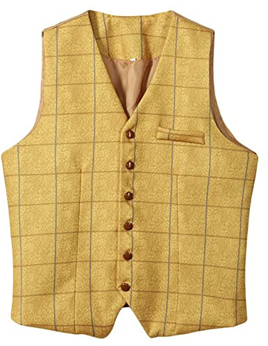JEShifangjiusu Costume d'affaires à Carreaux en Tweed pour Hommes Gilet Gilet Décontracté en Laine à Col Tailleur Robe Formelle en Sergé Gilet de Smoking de Mariage (Jaune,XL)