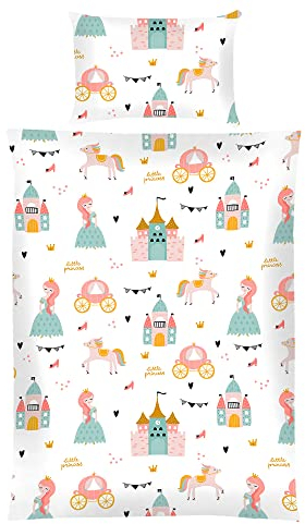 Kinder Bettwäsche 2-TLG (100x135cm / 40x60cm) Bettdecken Set, 100% Baumwolle - Babybettwäsche mit Motiv - Prinzessin