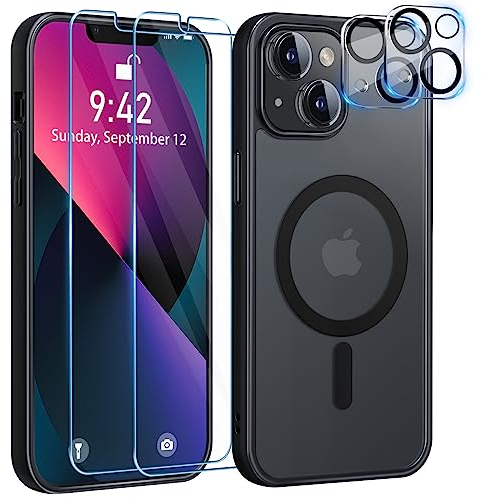 YisrLery 5 in 1 Coque pour iPhone 13 Aimantée avec 2 Verres Trempés et 2 Caméra Protecteur Compatible MagSafe Dos Anti Rayures Coque Magnétique Antichoc TPU Bumper 6,1’’ Case (Noir)