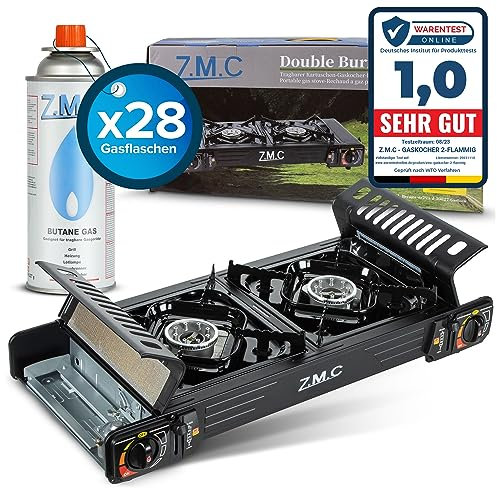 Z.M.C Premium Camping Gaskocher 2-flammig + 28 Gaskartuschen 227g, Campingkocher mit Transportkoffer für Outdoor und Innenraum, Balkon Kocher, Doppelgaskocher mit Piezozündung