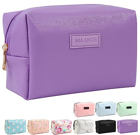 Small Makeup Bag MAANGE Travel Cosmetic Bag Makeup Pouch PU Leather Portable Make up Bag Versatile Zipper Makeup Bag for Women (Purple)