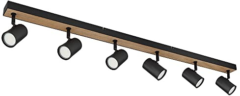 Deckenleuchte Deckenstrahler schwarz Spot Spotleiste 6 flammig, MDF Holzoptik skandinavisch, 6x GU10 Fassungen, LxBxH 115x6x13,5cm