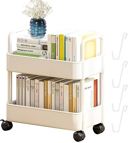 Huasean 2-tier Storage Rack Wheels,Multi-Purpose Trolley Organizer Cart With Casters,Kitchen Storage Utility Cart With 4 Hooks,Rolling Storage Rack For Bedroom, Bathroom, Offices