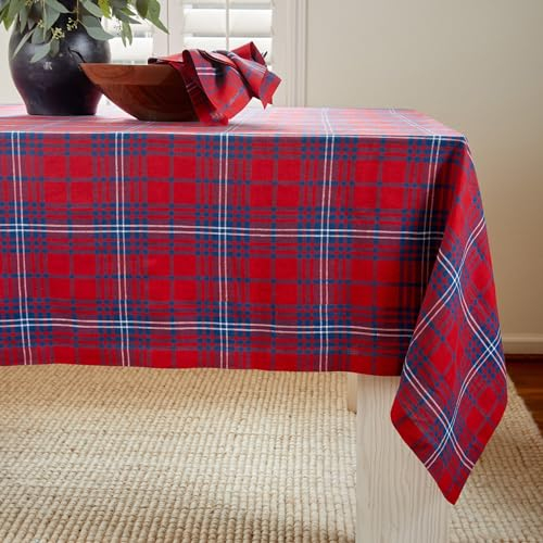 Solino Home Leinen Schottische Tischdecke 60 x 108 Zoll - Rot und Marineblau Tartan Plaid Tischdecke für Thanksgiving, Weihnachten, Indoor, Outdoor - Maschinenwaschbar und handgefertigt aus 100%